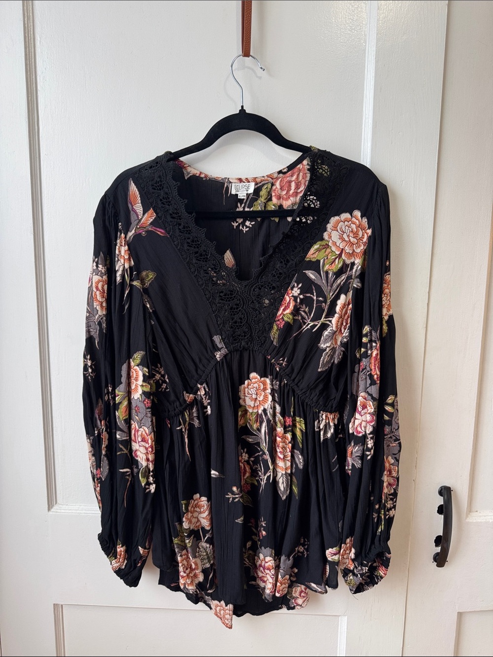 Eclipse Black Boho Blouse with Lace V-Neck
